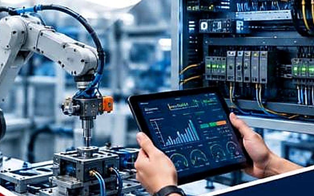 Equipamiento de automatización industrial: brazo robótico y tablero eléctrico.